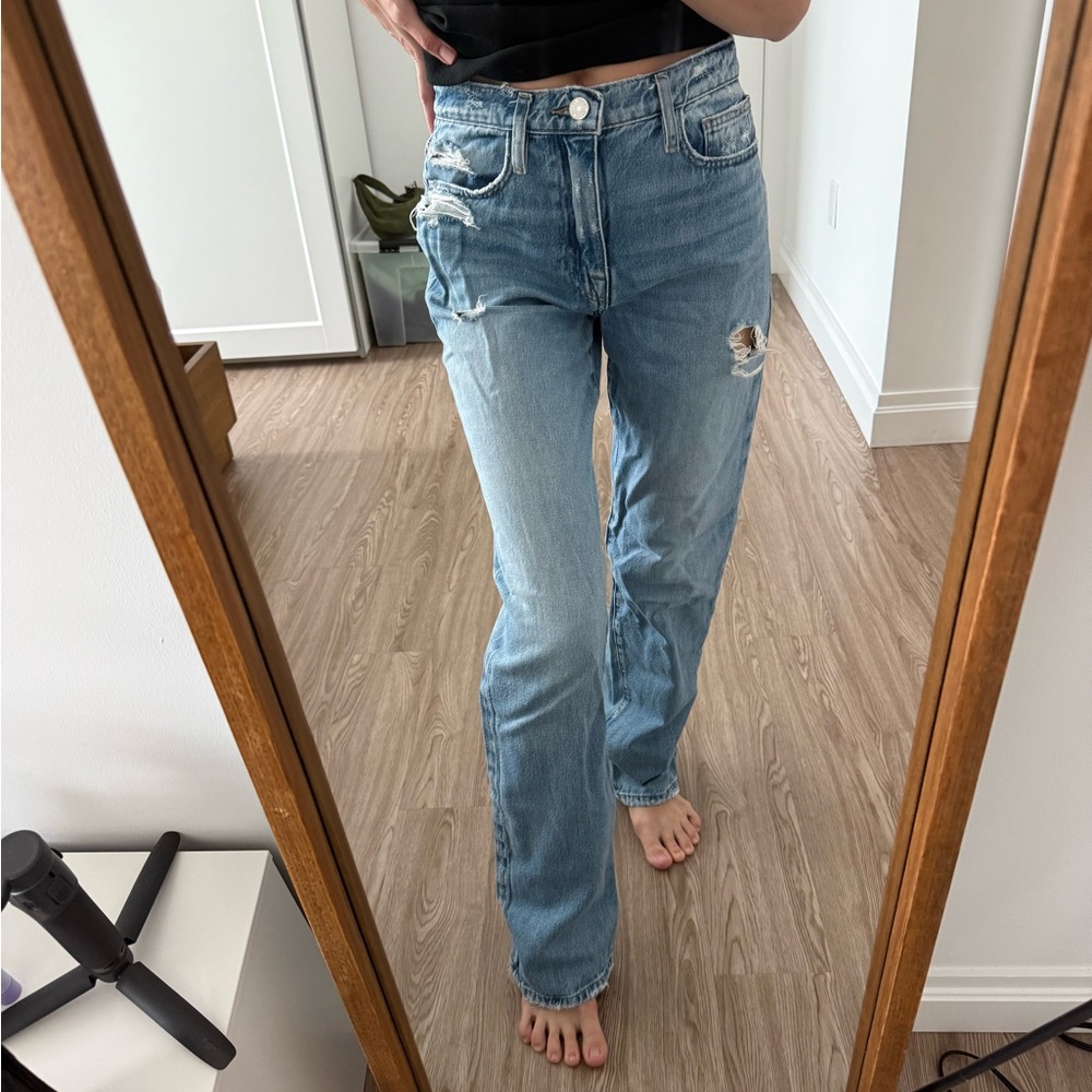Frame Denim Light Blue Distressed Straight Leg Jeans